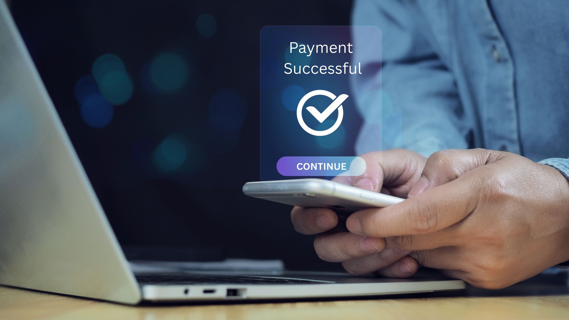 Secure online payment, Digital banking, Payment successful, Fintech solutions for seamless transactions and data protection, Online banking, Businessman authorizes an online payment via smartphone.